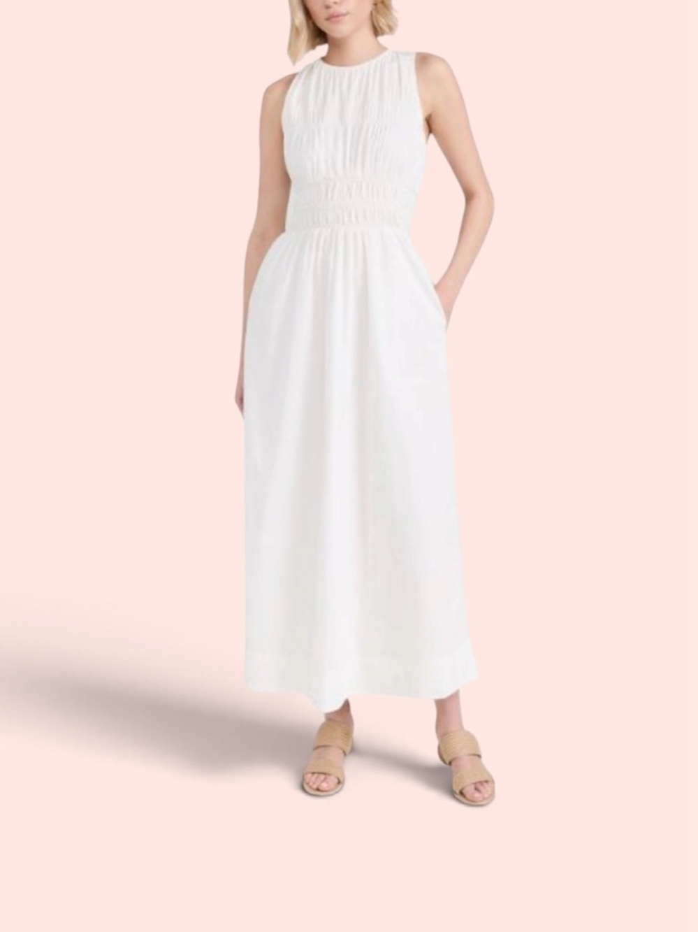 Sleeveless White Maxi midi Dress with Shirred Bodice
